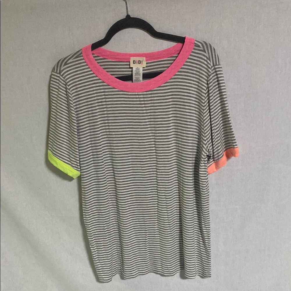 BiBi Striped Short Sleeve Tee - Gray with Pink, Green, and Orange Accents